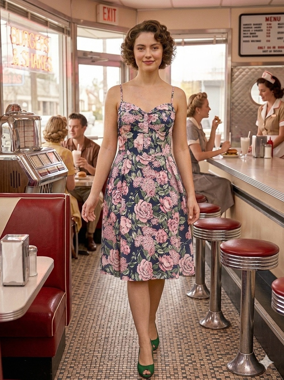Collectif Retro Style Dress Navy with Floral Print Roses and Hydrangeas Medium